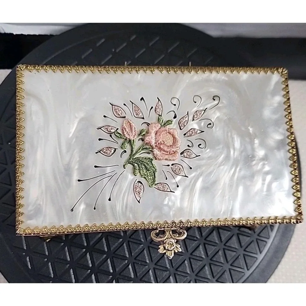 Vintage Art Nouveau Pearl Top Floral Jewelry Trinket Casket Box Filigree